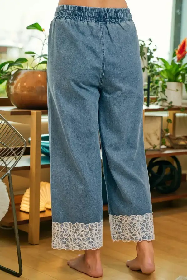 Bibi Washed Denim Waist Flower Lace Trim Pants