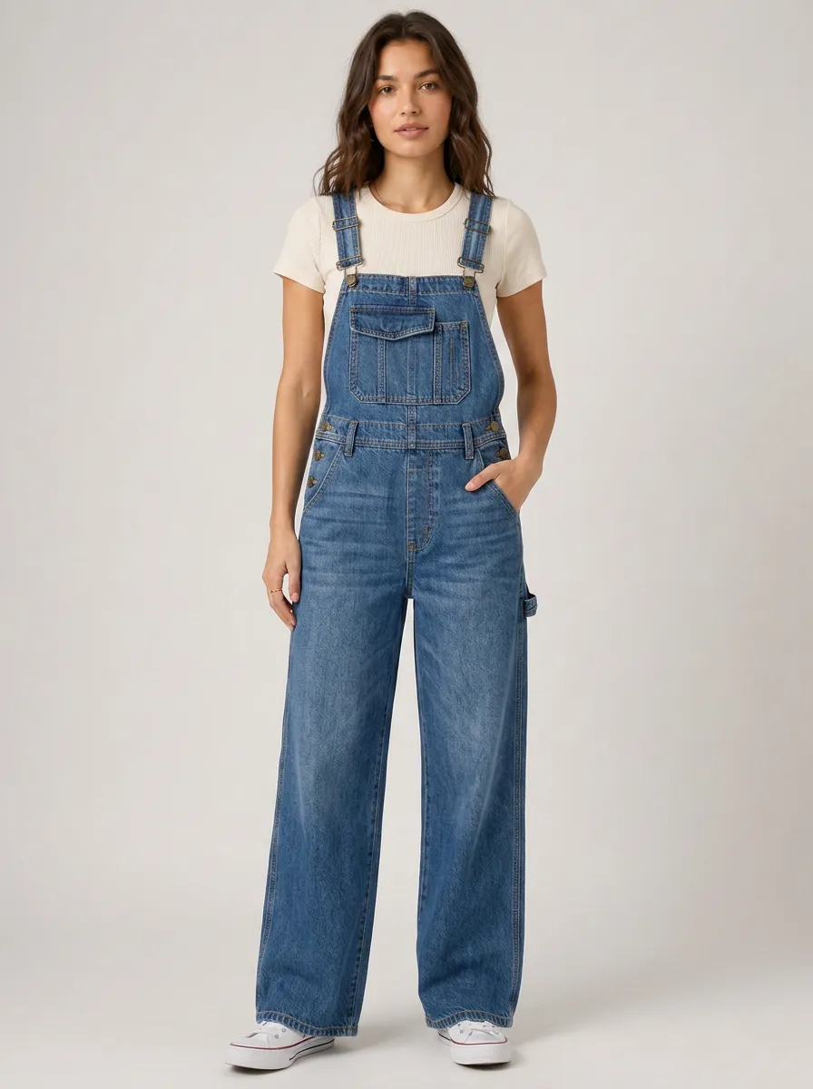 Women's Casual Wide-Leg Denim Dungarees