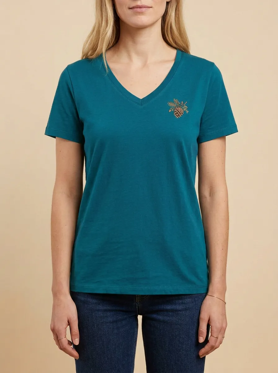 Women's Pinecone Embroidered V-Neck T-Shirt