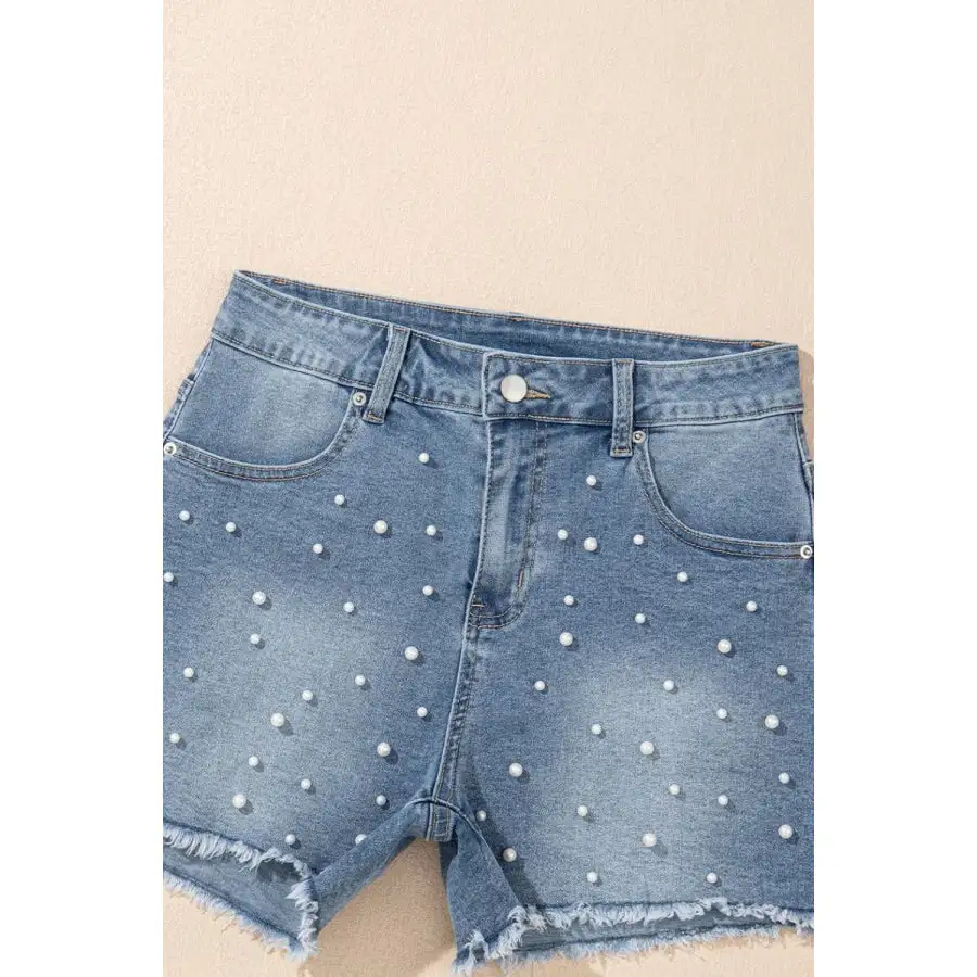 Pearl Beaded Raw Hem Wash Denim Shorts