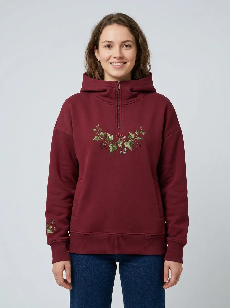 Easygoing Women's Botanical Berry Embroidered Quarter Zip Nature Hoodie