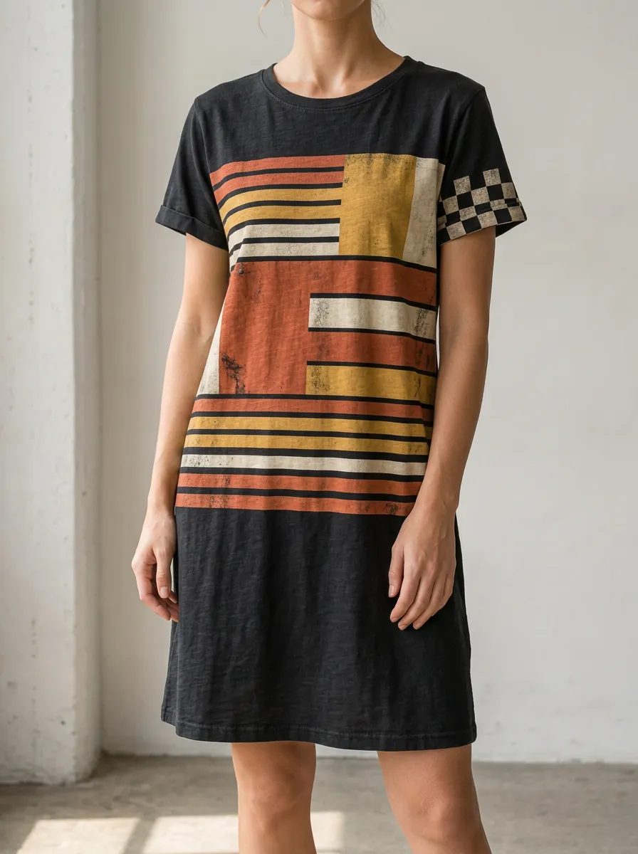 Women's Retro Geometric Striped Checkerboard Printed T-shirt Dress