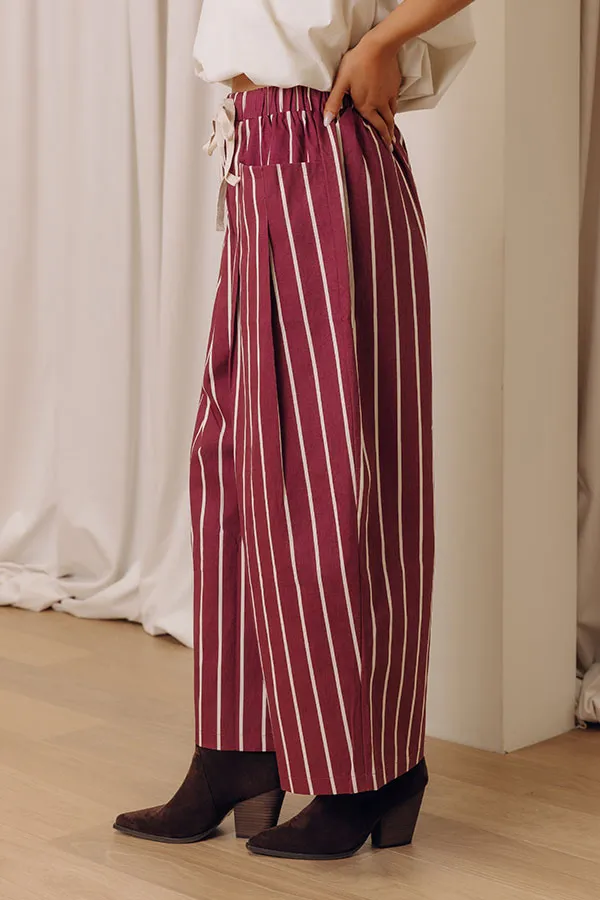 Mid Rise Wide Leg Striped Pleated Drawstring Pants