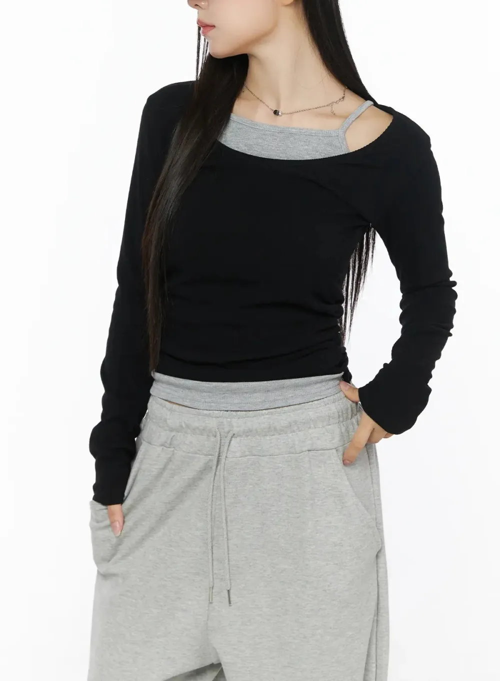 Layered Side-Shirred Long Sleeve Top