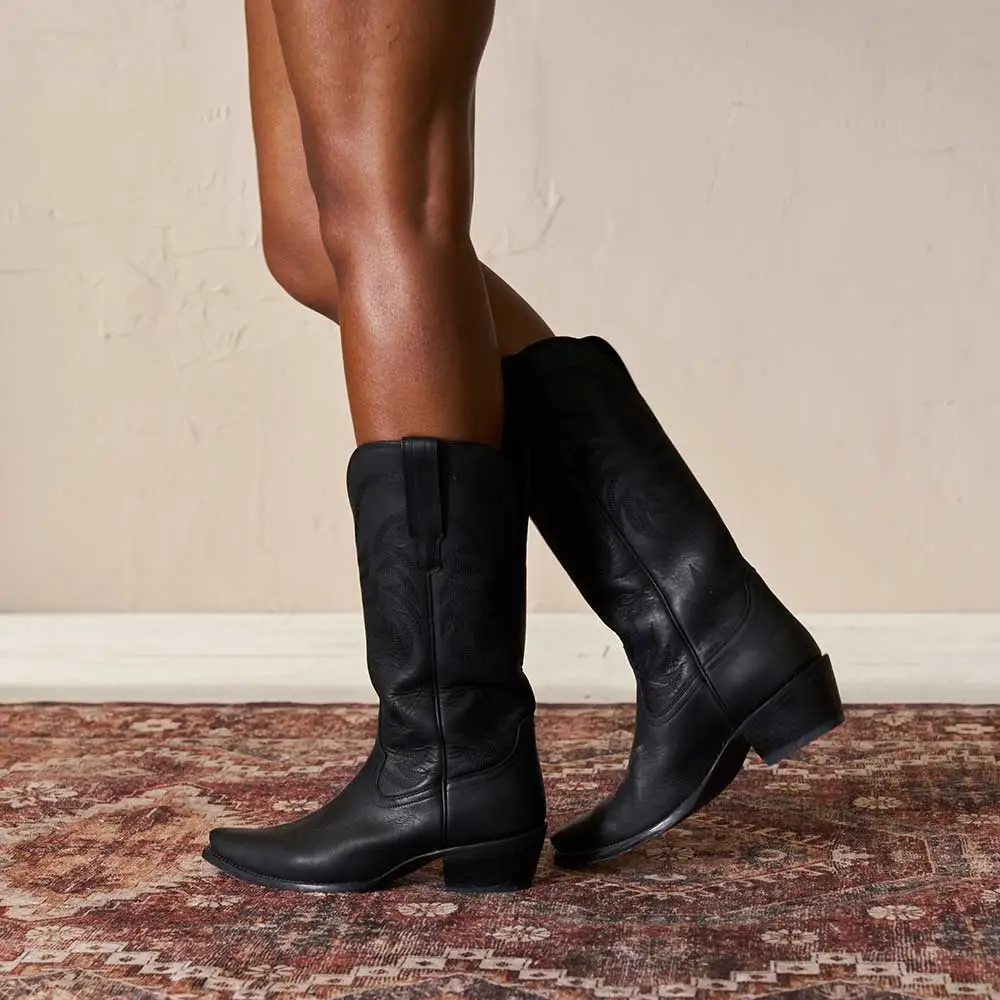 Refined Faux-Leather Embroidered Pointed-Toe Snip-Toe Mid-Calf Boots