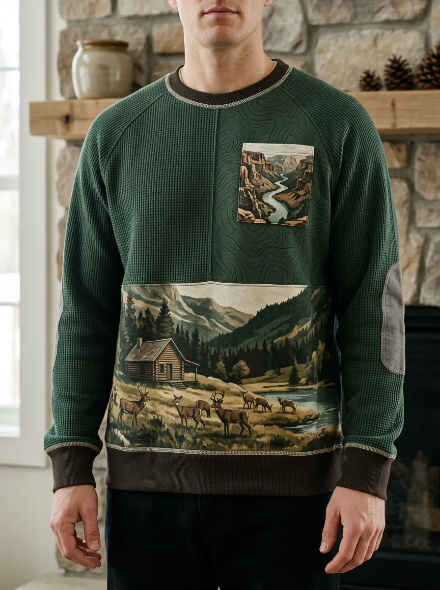 Men's Nature Cabin Deer Landscape Printed Waffle Knit Sweatshirt