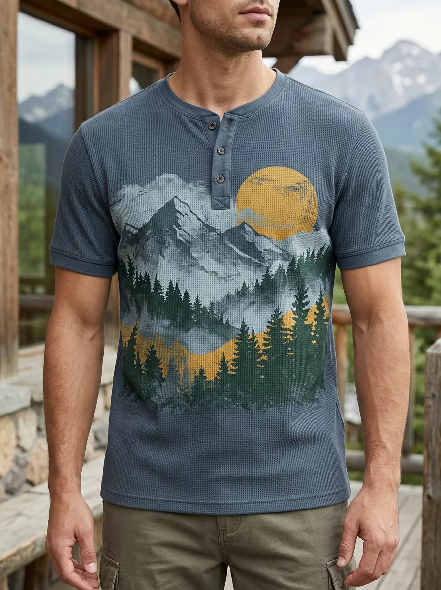 Men's Classic Mountain Forest Nature Lover Henley T-Shirt
