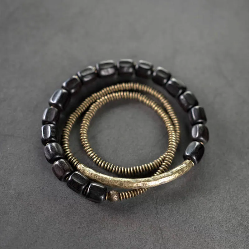 Vintage Ebony Wood Beads Copper Multilayered Bracelet