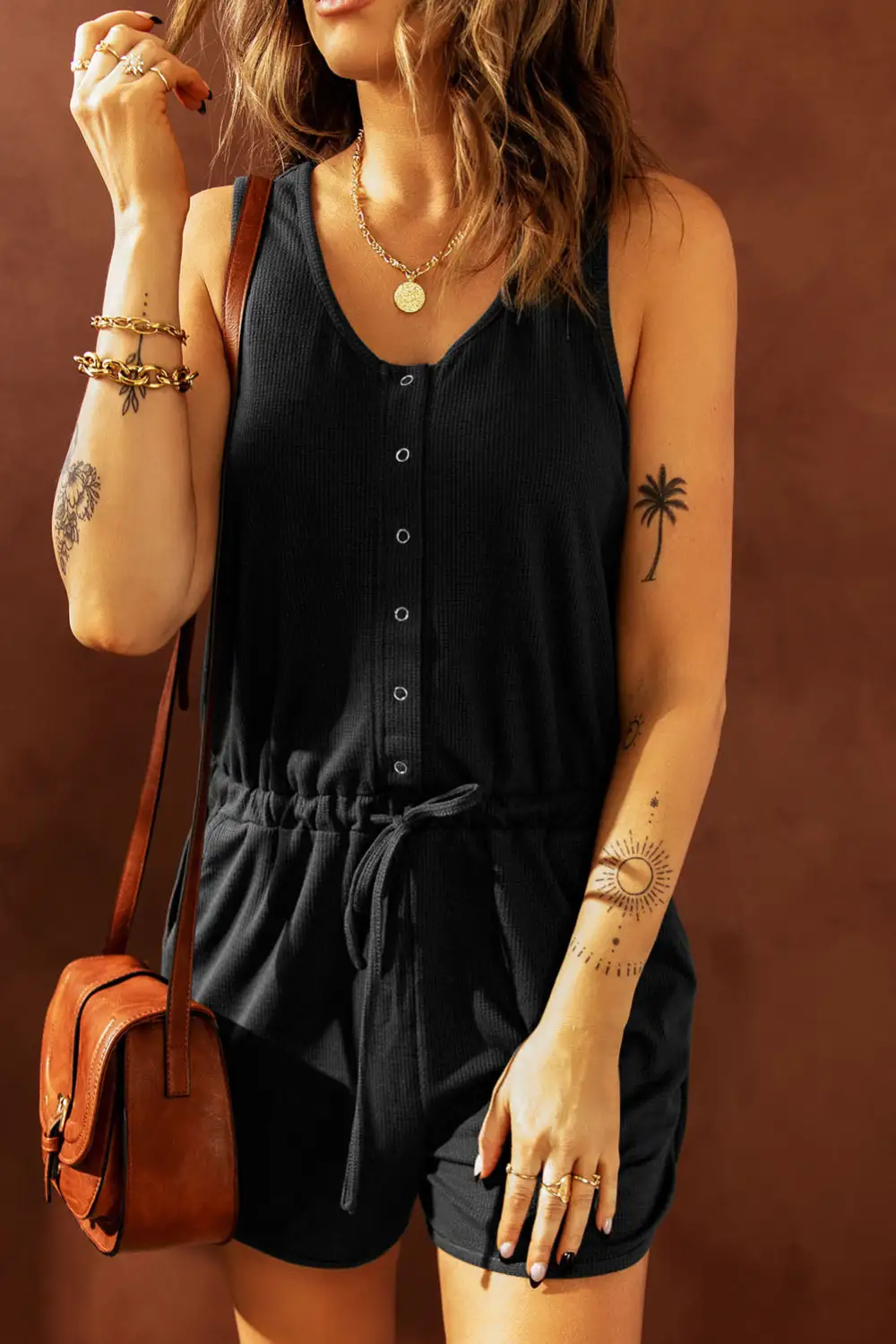 Snap Front Drawstring Romper