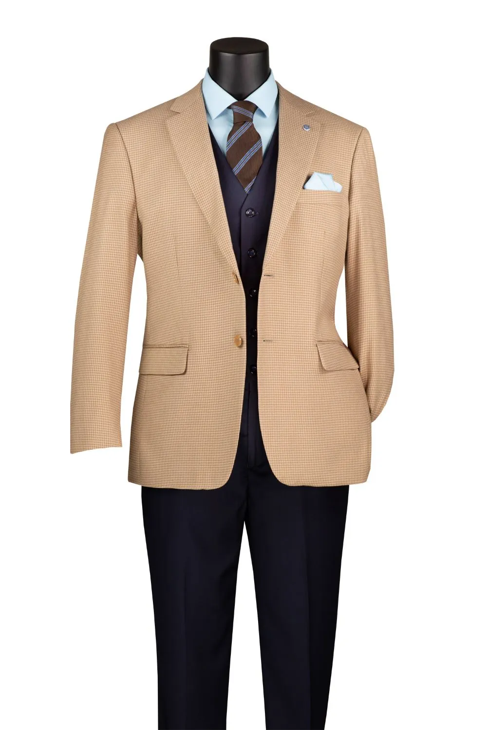 Tan Modern Fit Houndstooth Single Breasted Notch Lapel Side Vents Blazer