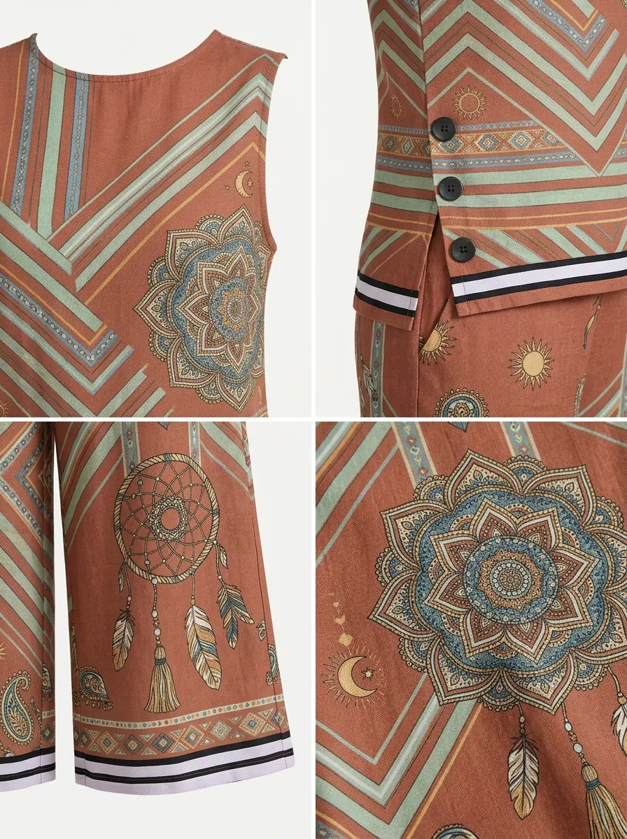 Women's Boho Mandala Feather Printed Sleeveless Set