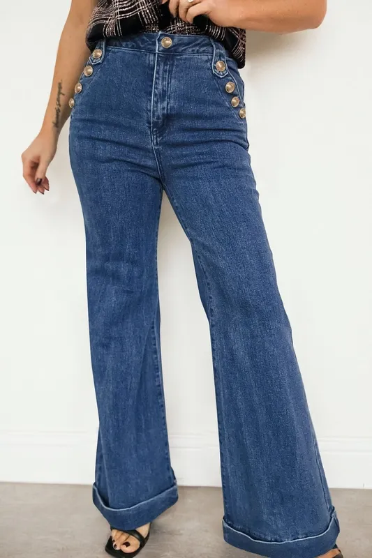 Golden Button Detail Rolled Edge Flare Leg Jeans