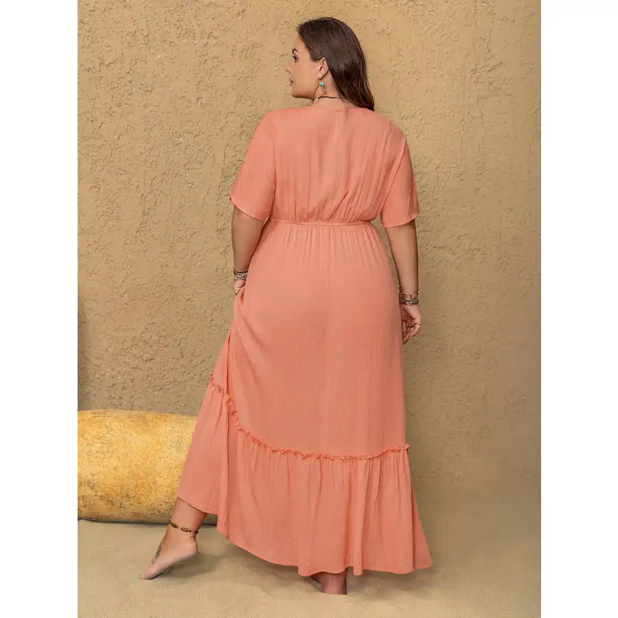 Plus Size Frill Embroidered V Neck Half Sleeve Maxi Dress