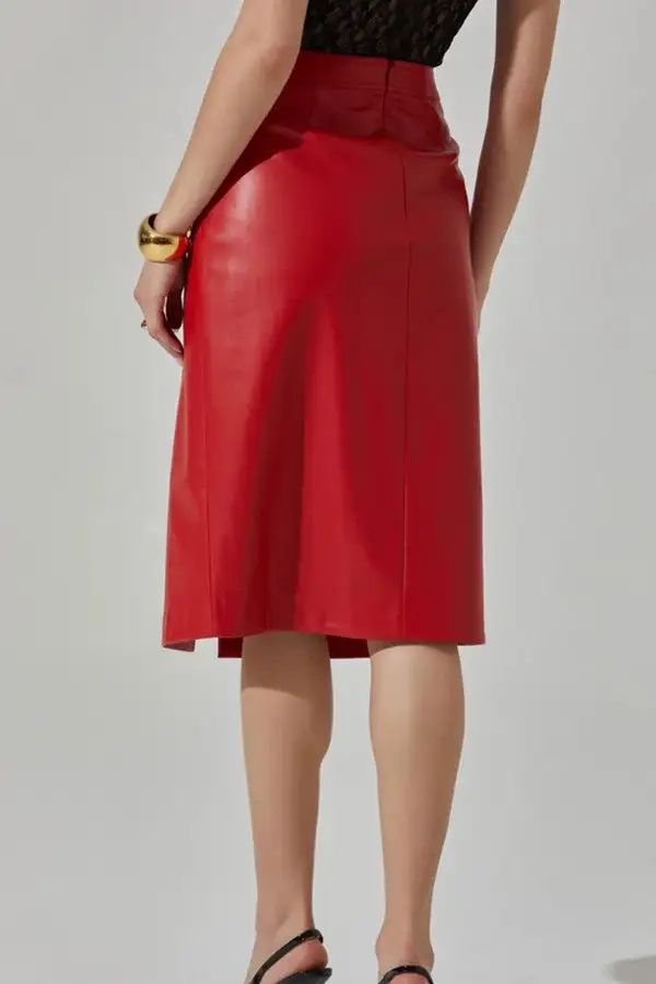 Red Faux Leather Straight Midi Skirt