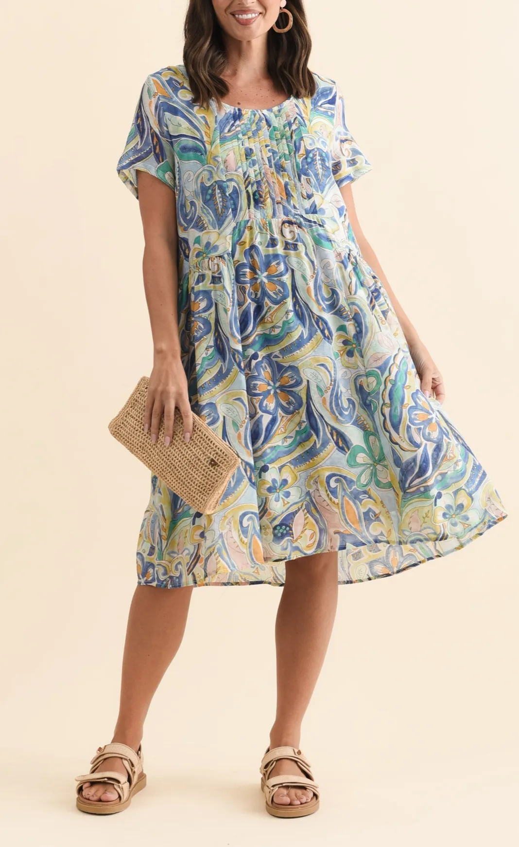Floral Viscose Pocket Pleated Round-Neck Short-Sleeve Knee-Length Dress