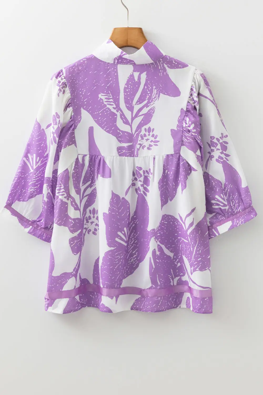 Purple Leafy Print 3/4 Sleeve Striped Trim Split Neck Blouse