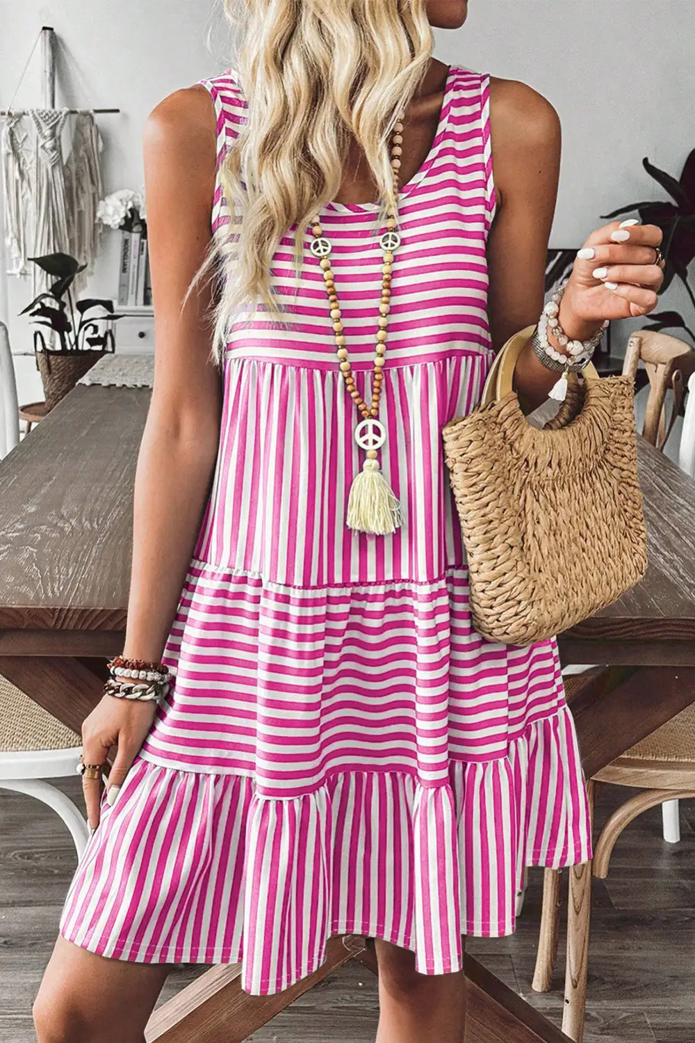 Striped U-Neck Relaxed Fit Mini Dress