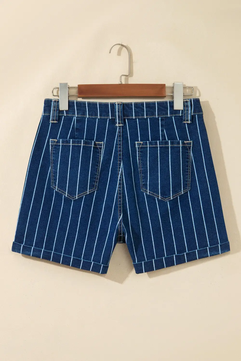 Button-Detail Striped Denim Shorts