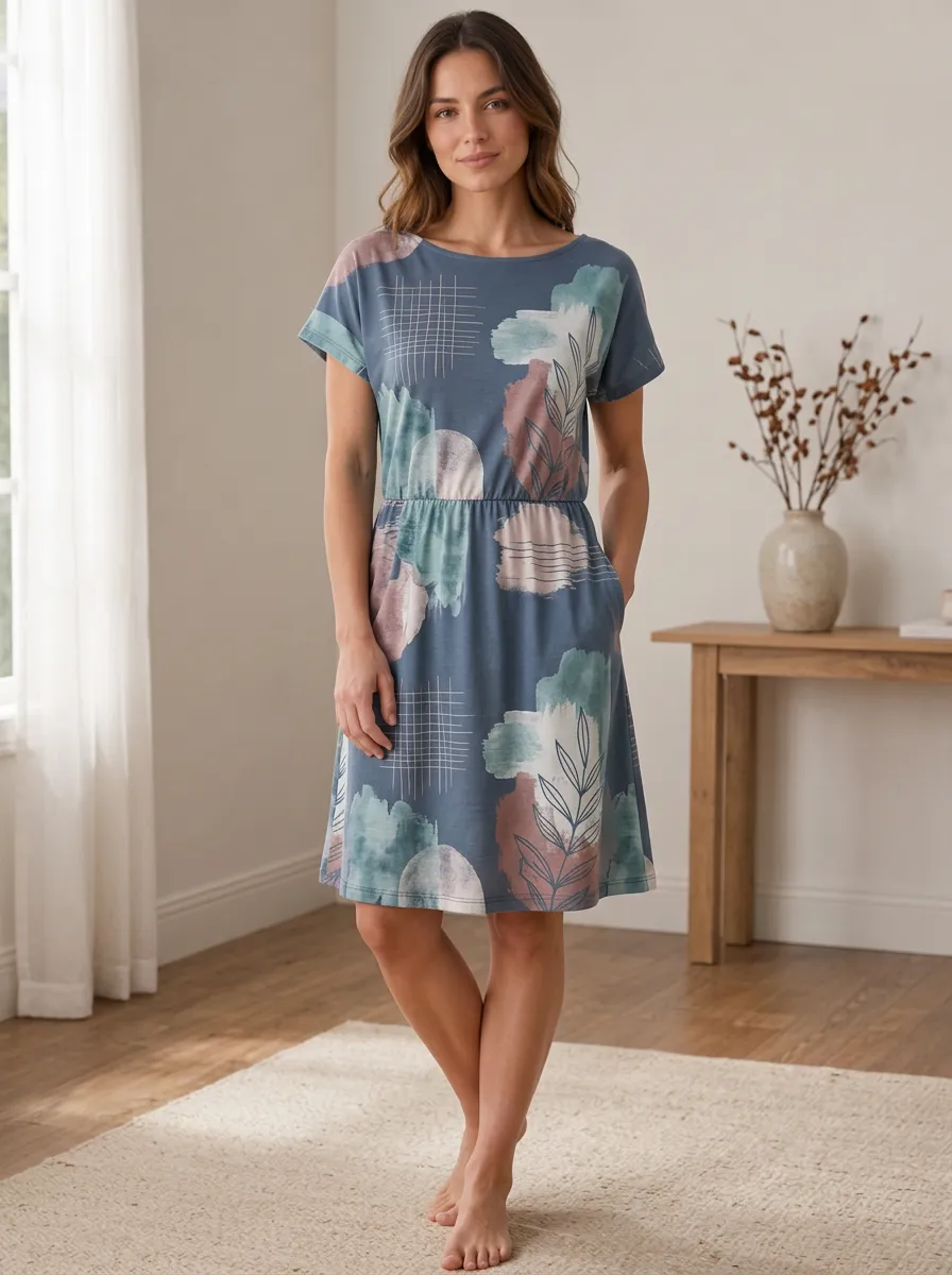 Women's Abstract Botanical Grid Printed Casual Dress