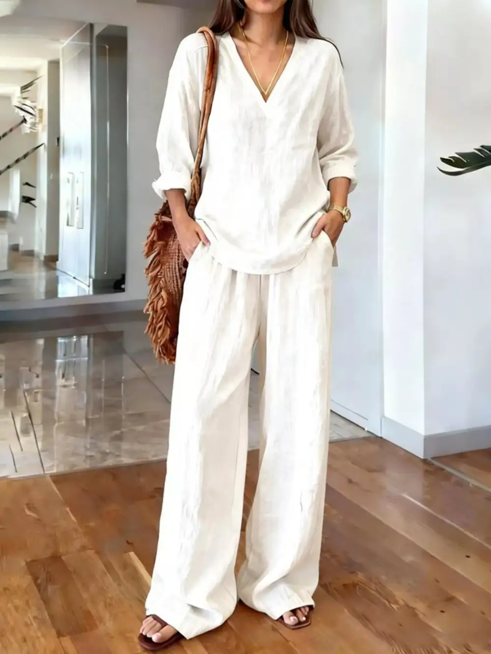 V Neck Top and Wide Leg Pants Set