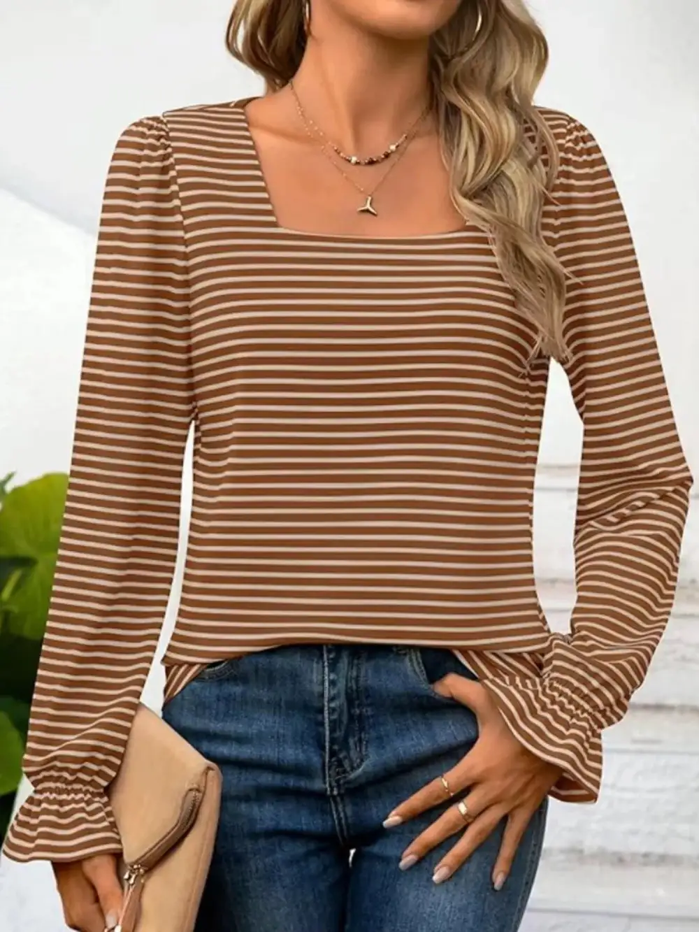 Striped Long Sleeve T-Shirt with Square Neckline