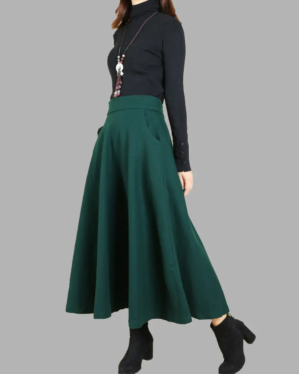 Pocketed Wool Flared Maxi Skirt