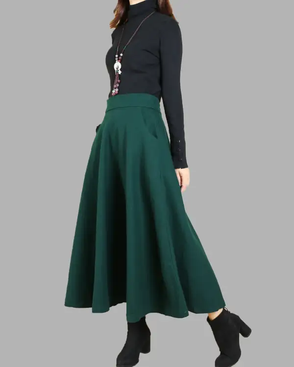 Pocketed Wool Flared Maxi Skirt