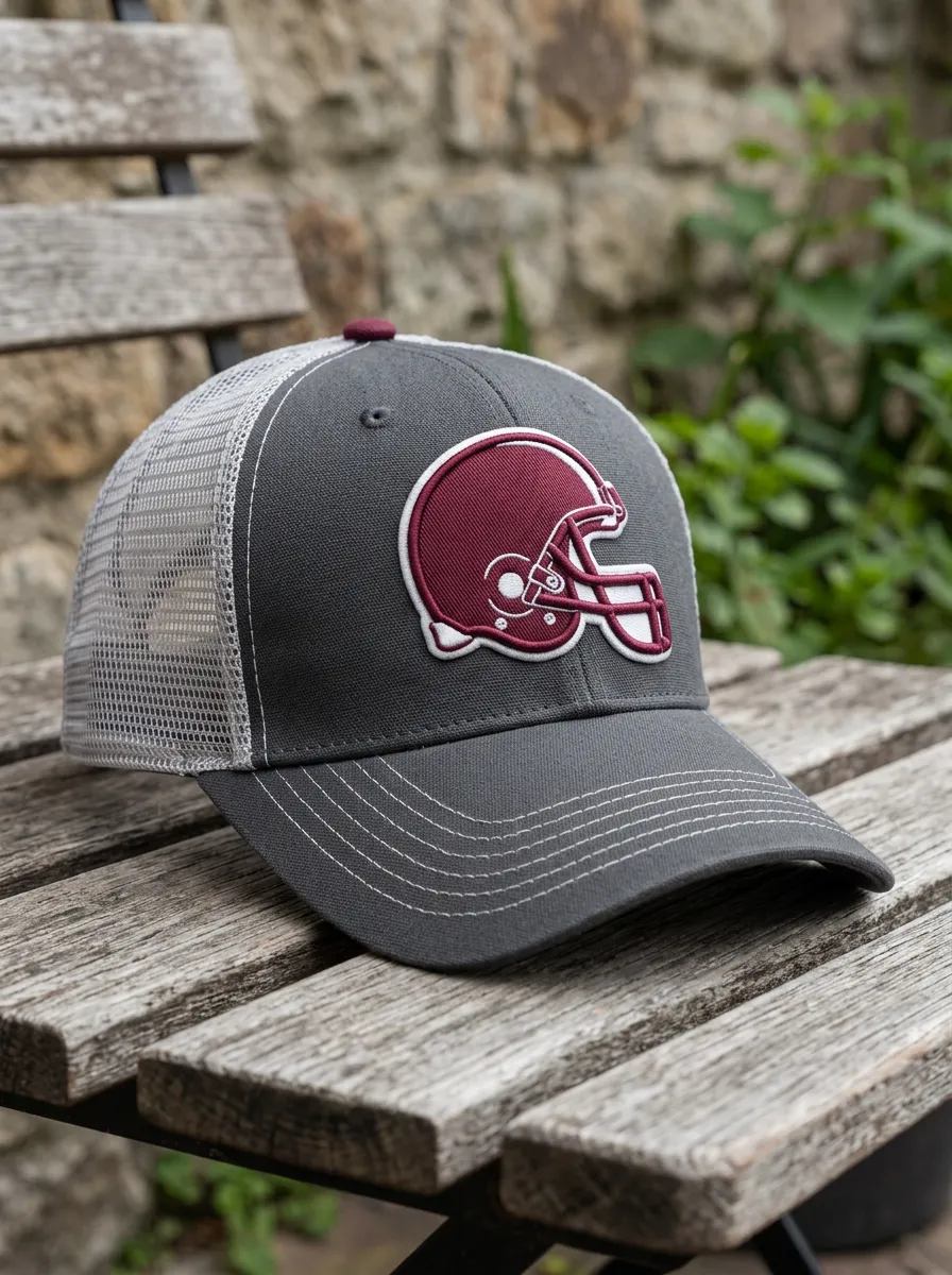 Men's American Football Fan Maroon Helmet Embroidered Mesh Trucker Cap