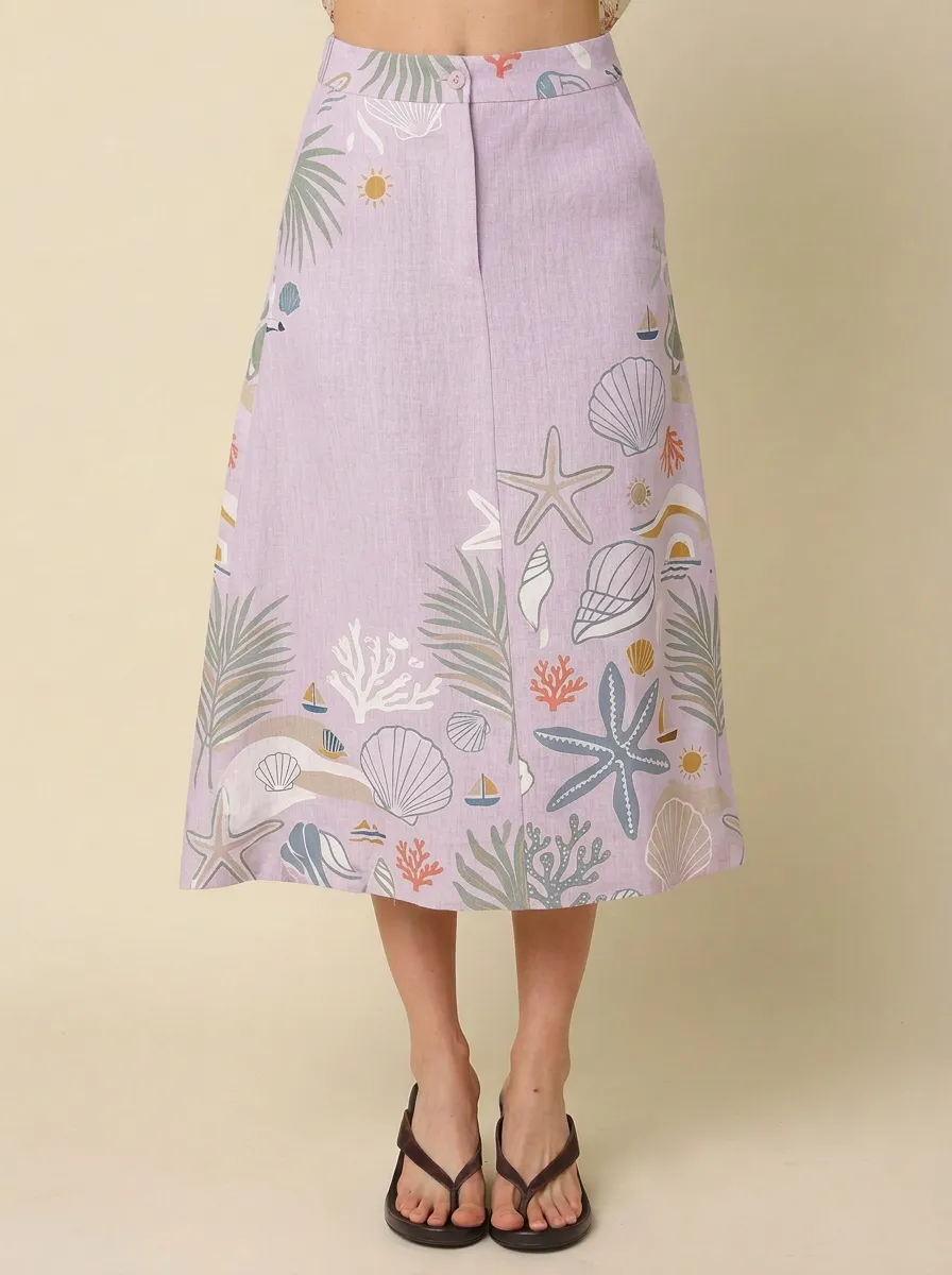 Women's Coastal Seashell Starfish Printed Midi Skirt