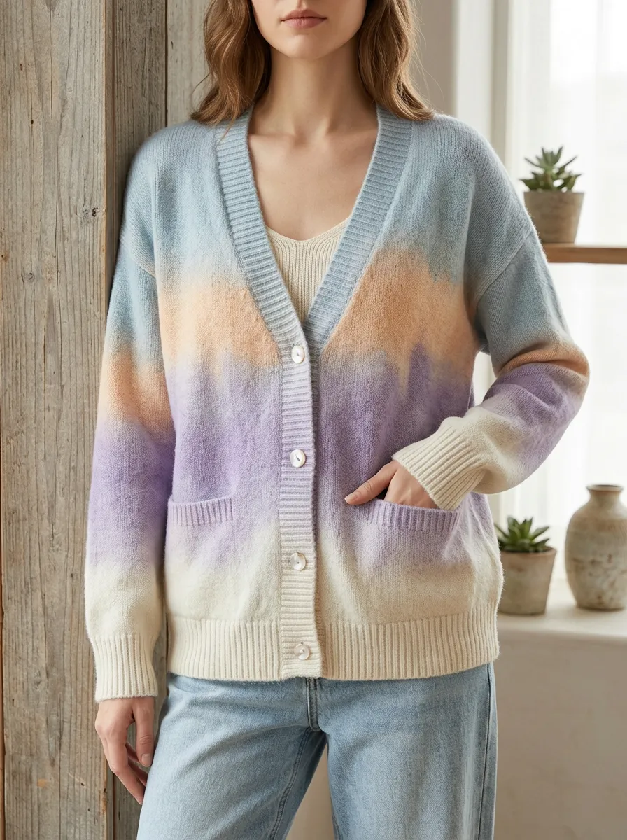 Women's Pastel Ombre Tie-Dye Printed V-Neck Relaxed Layering Cardigan