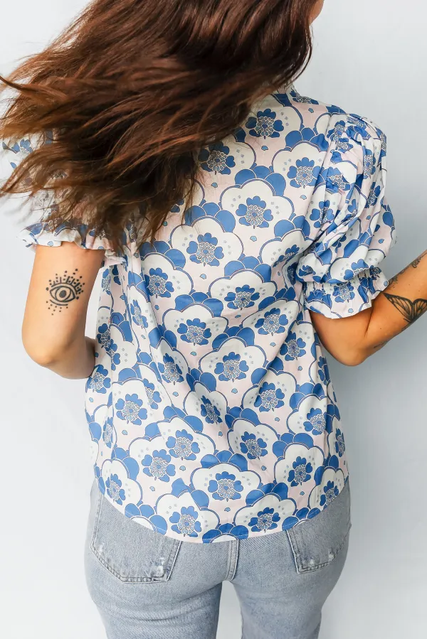 Sky Blue Floral Print Flounced Blouse