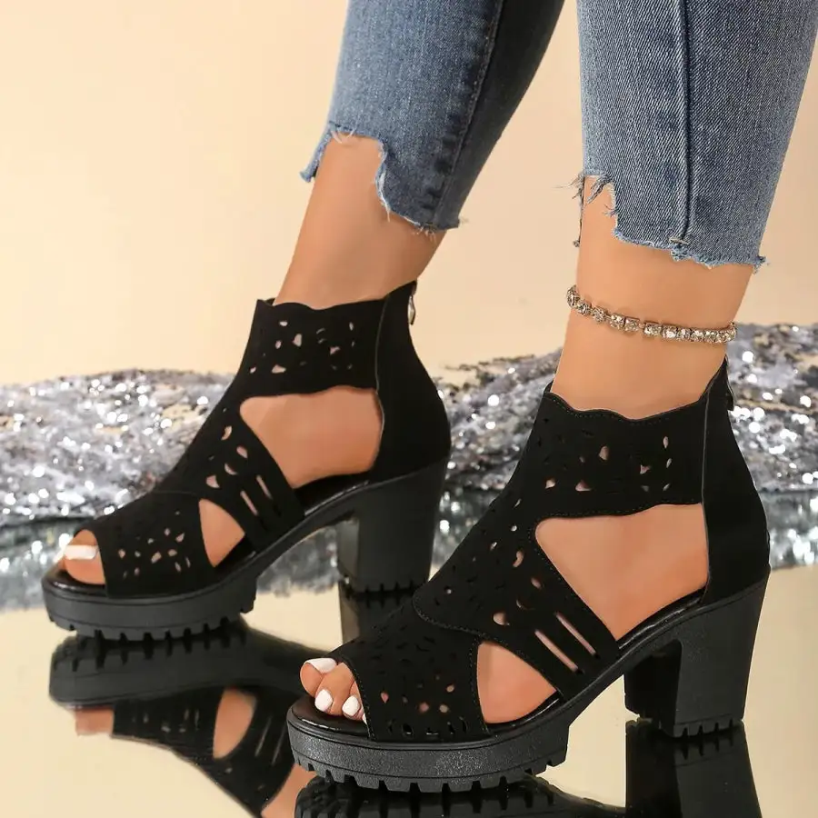 Refined Cutout Block Heels Sandals
