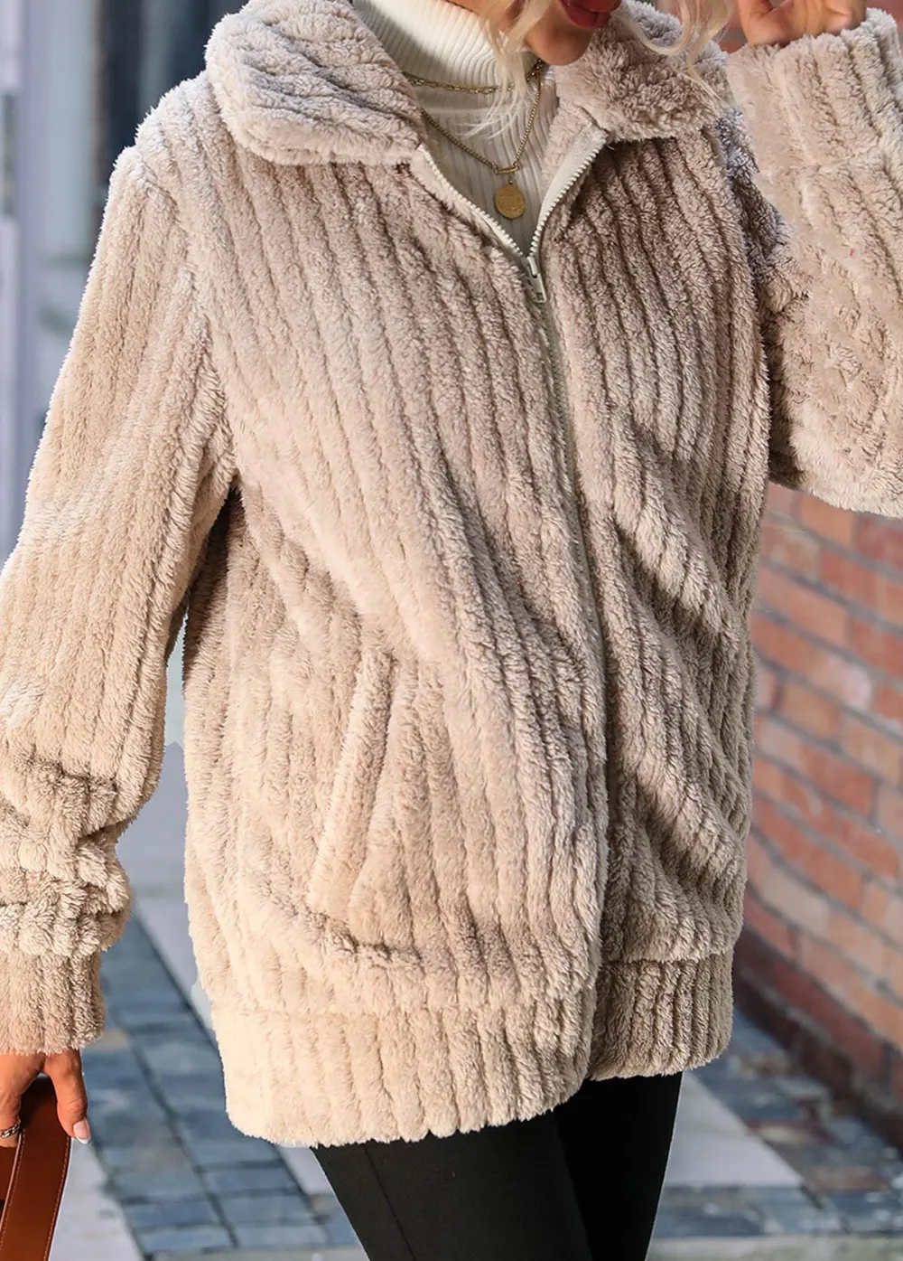Light Camel Pocket Long Sleeve Turn Down Collar Coat