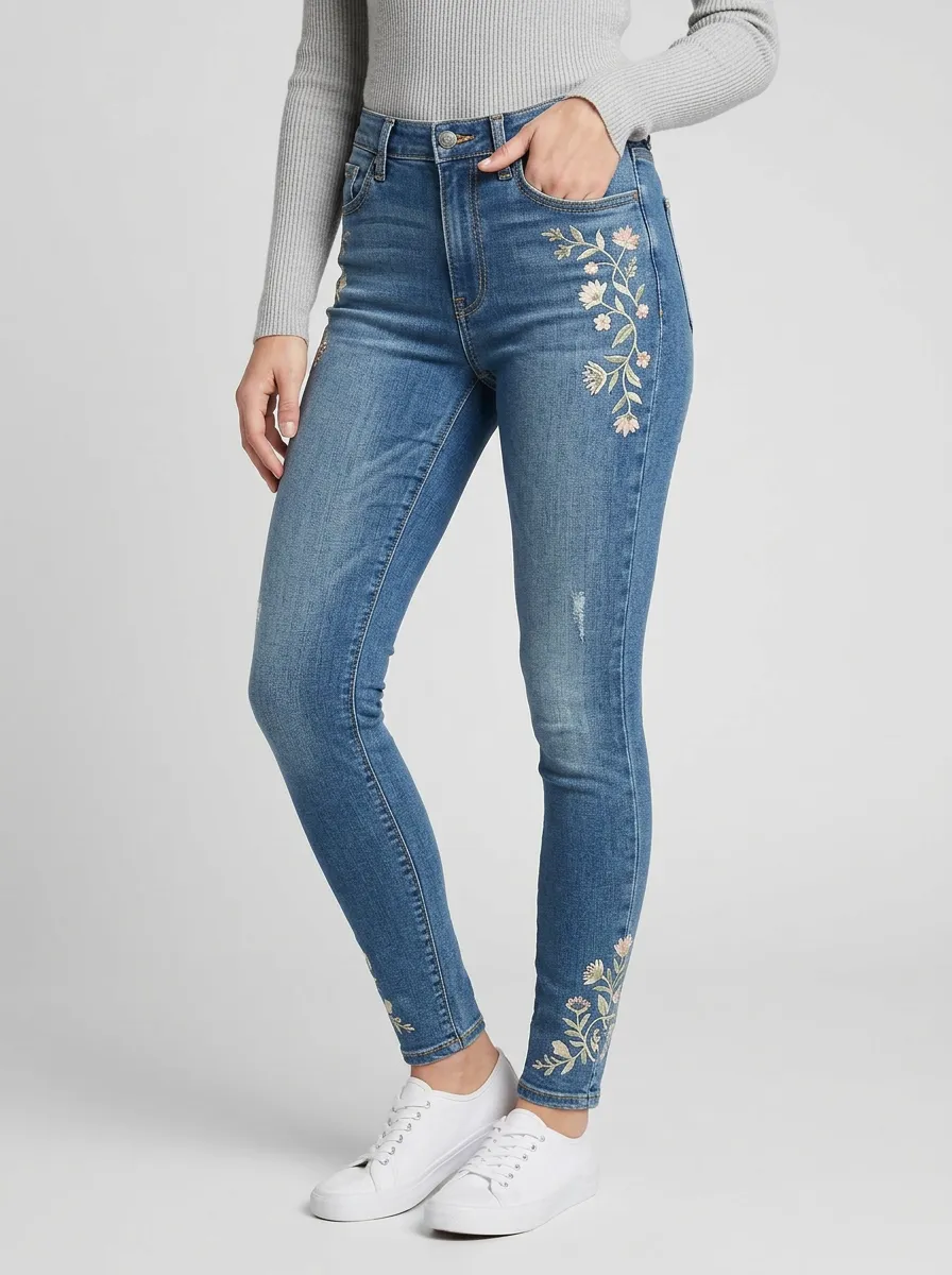 Women's Floral Embroidery Botanical Printed Skinny Jeans