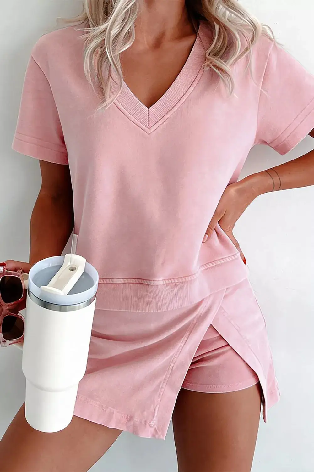 Casual V Neck Top and Wrap Skort Set