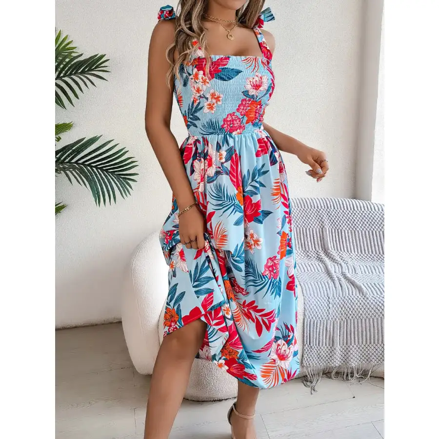 Smocked Tie Shoulder Midi Dress