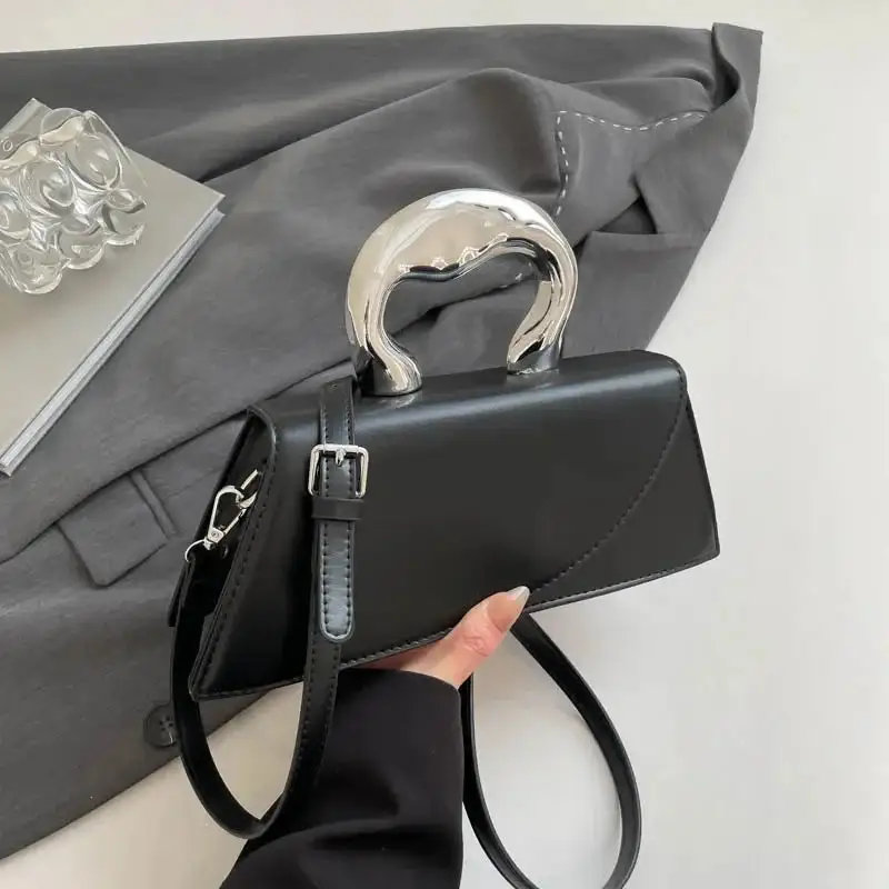 Chic Asymmetric Beige Shoulder Bag With Silver Handle