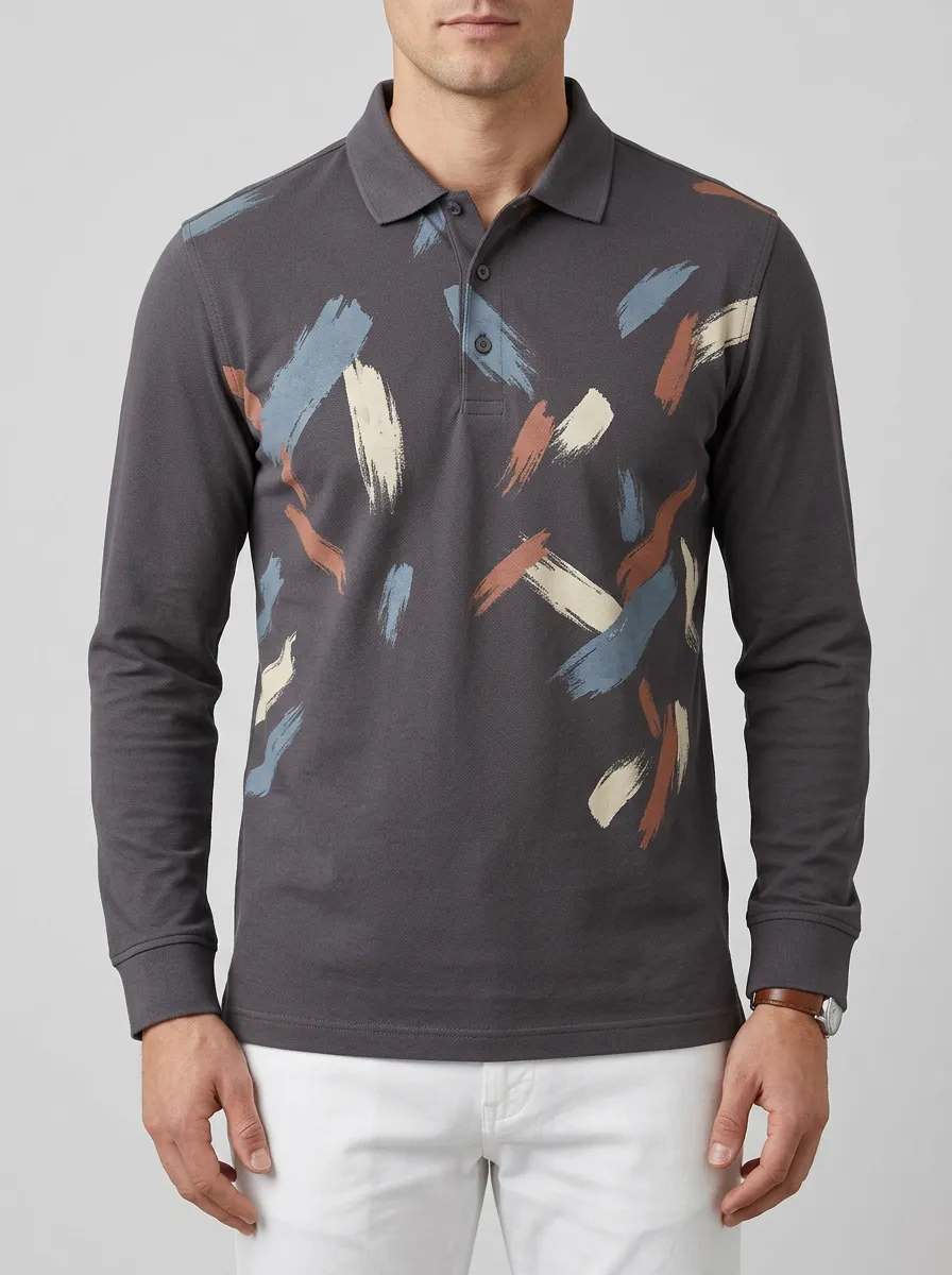 Men's Abstract Brushstroke Pattern Modern Long Sleeve Polo Shirt