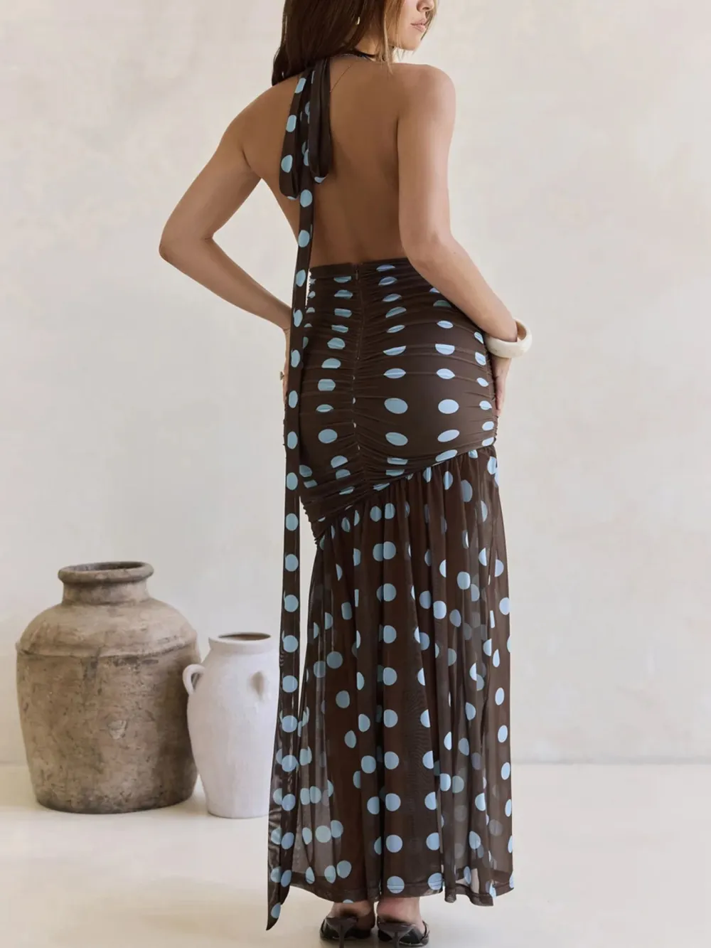 Polka Dot Ruched Maxi Dress