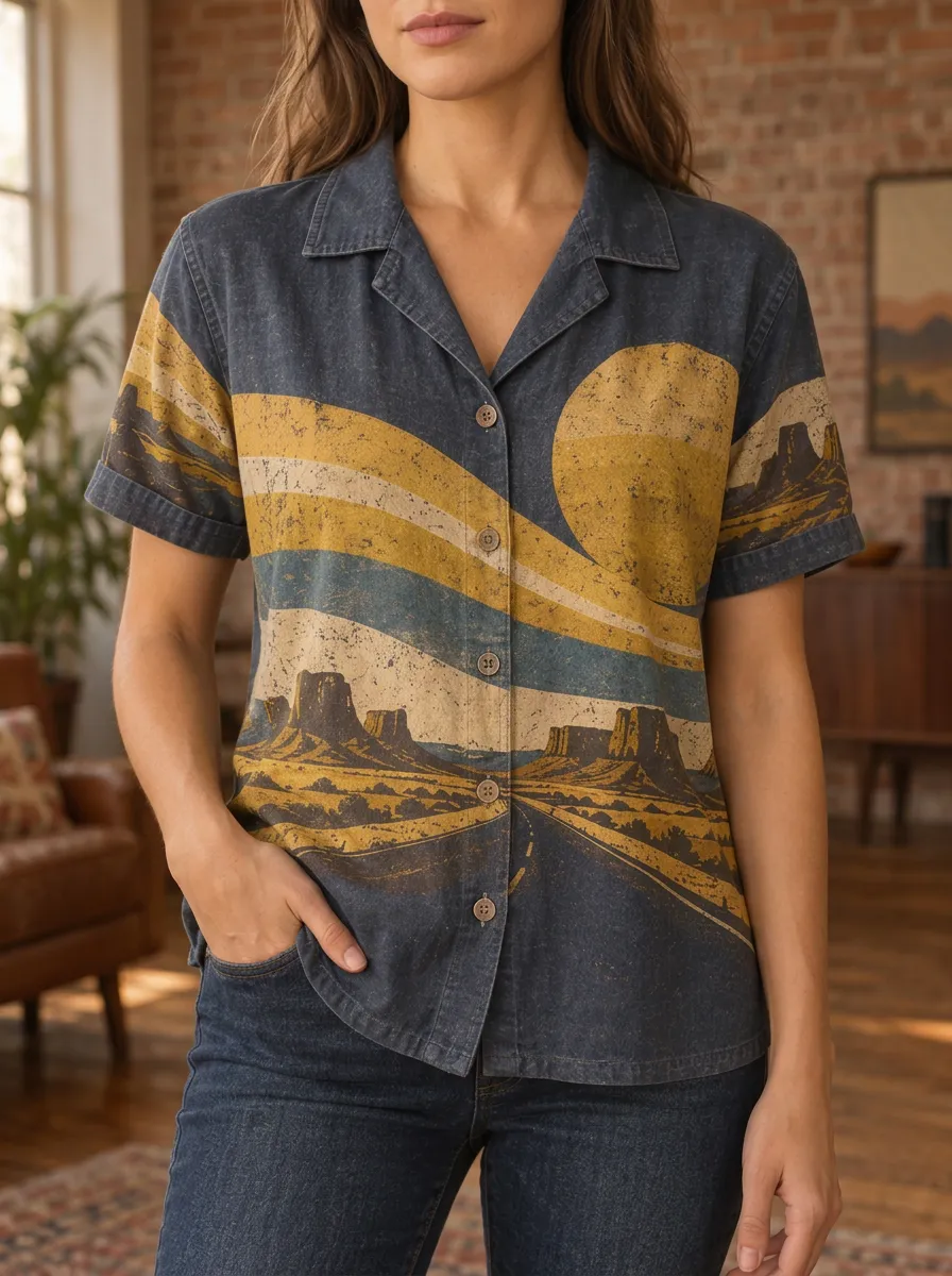Women's Desert Landscape Sun Printed Button-Up Shirt