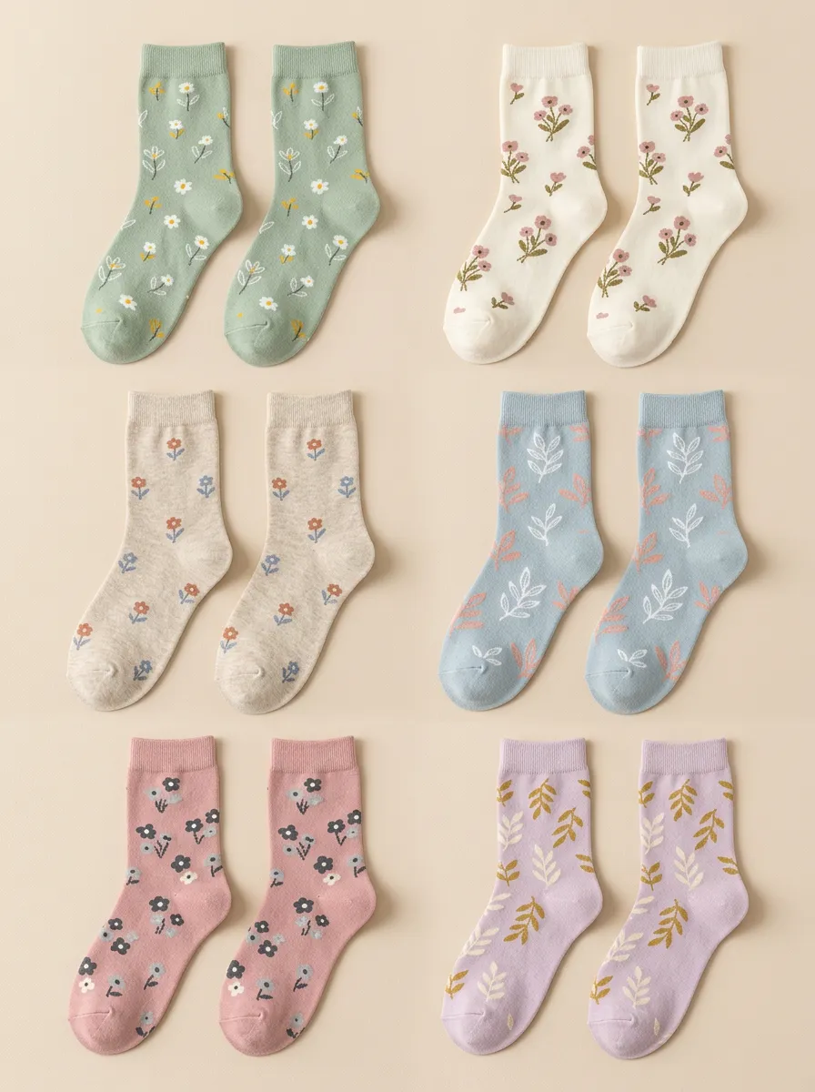 Women's Floral Leaf Crew Socks Six Pair Set