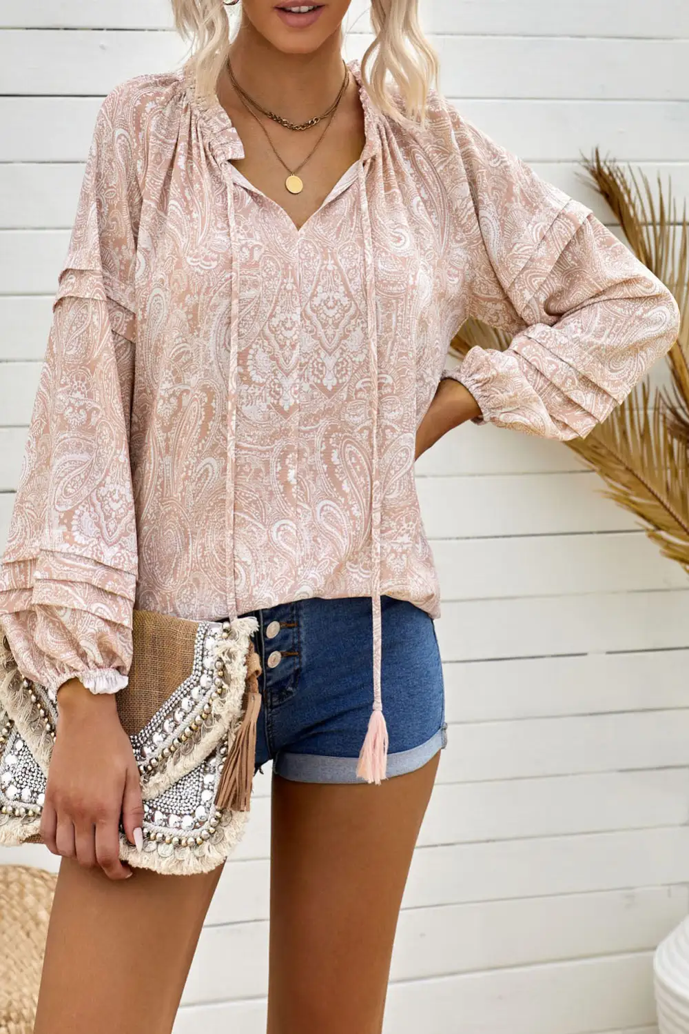 Pattern Print Drawstring Tassel Puff Sleeve Blouse