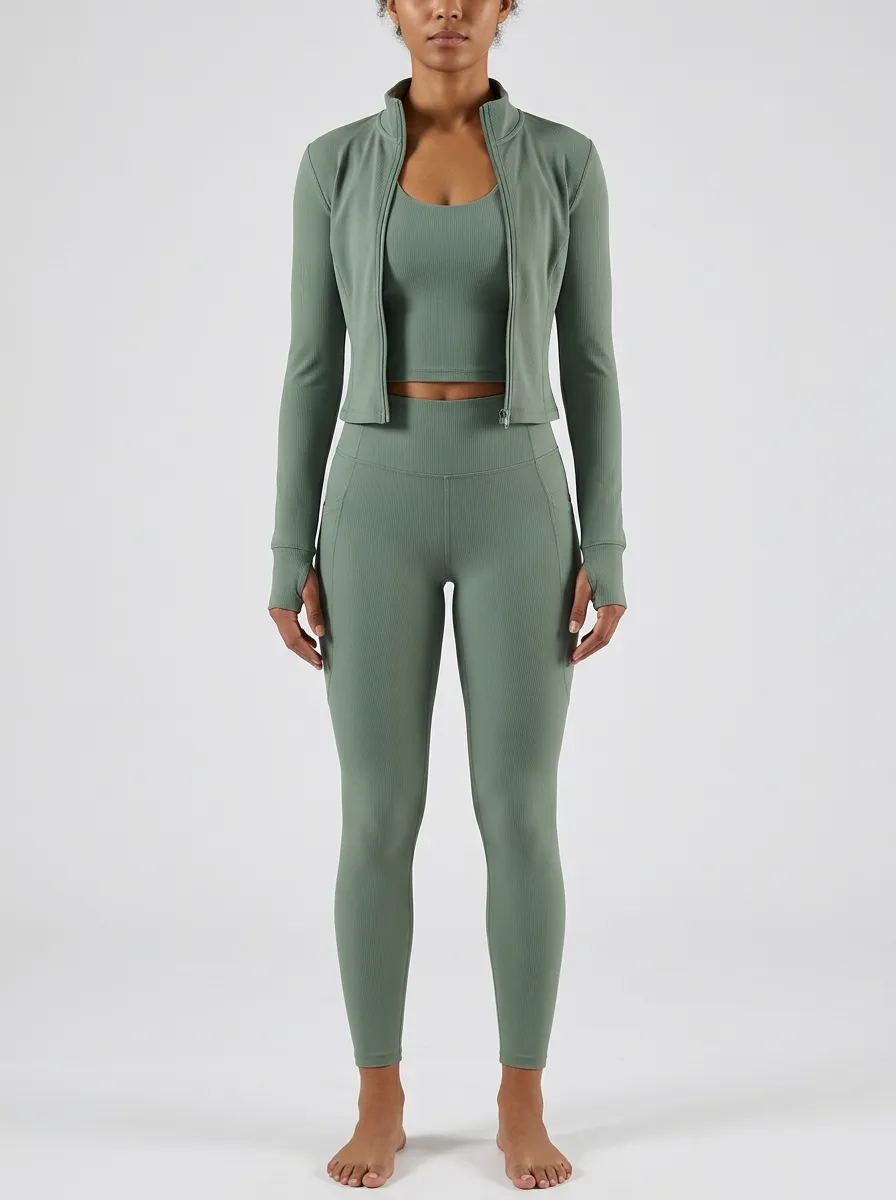 Streetwear Ribbed Texture Zip Detail Essential Women's Three Piece Activewear Set