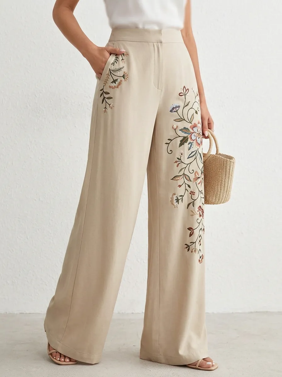 Women's Floral Botanical Embroidered High-Waisted Wide-Leg Pants