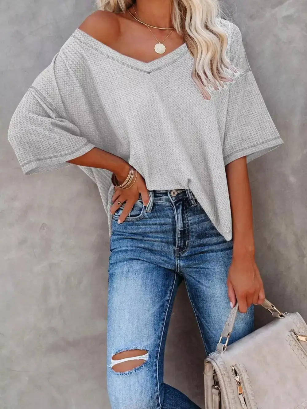 Relaxed V-Neck Short-Sleeve Knit T-Shirt