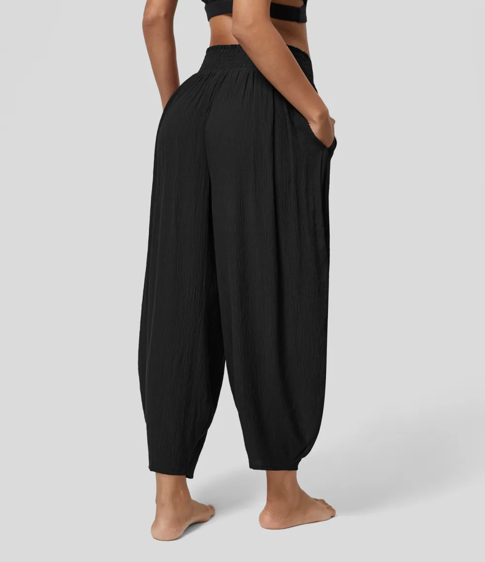 High Waisted Back Elastic Side Pocket Plicated Barrel Leg Casual Joggers