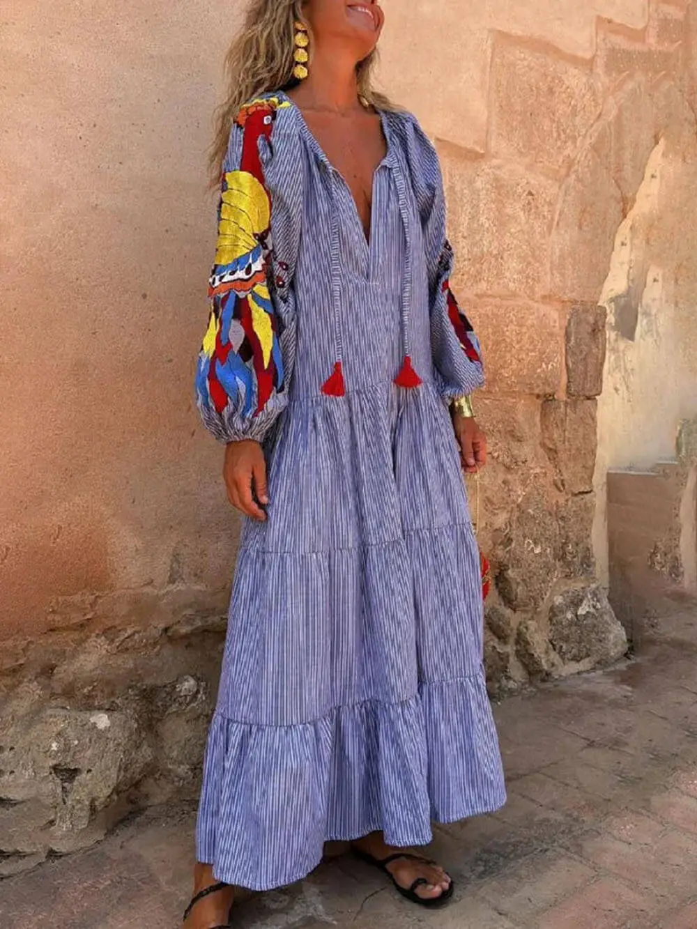 Peacock Pattern Stripe Print Maxi Dress