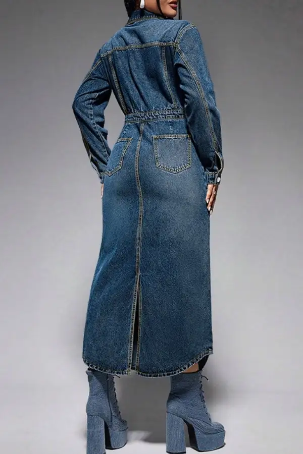 Washed Denim Mid-Slit Midi Dress