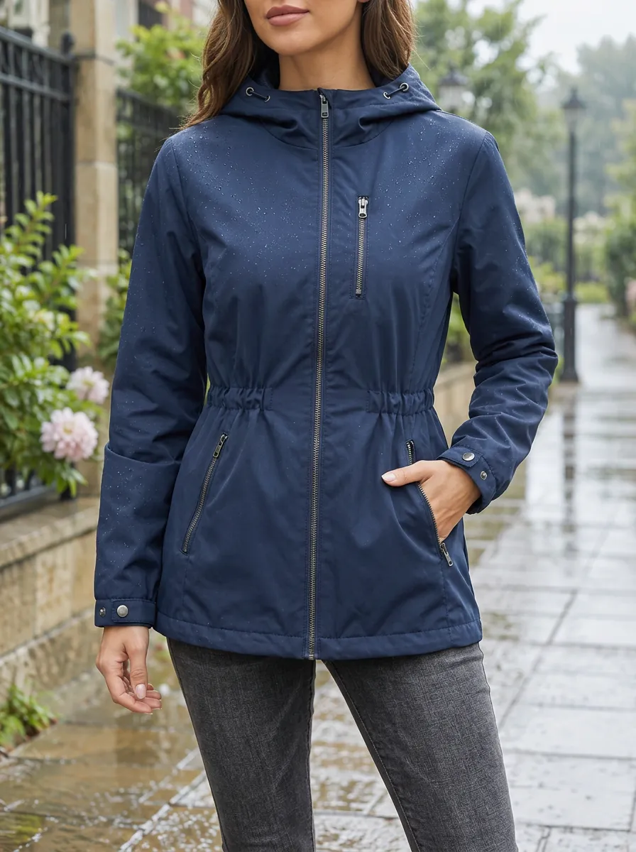 Women's Navy Blue Hooded Waterproof Rain Jacket with a Hood and Zip Pockets