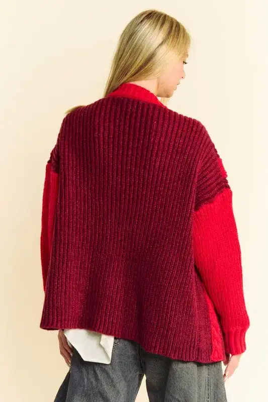 Color Block Open Front Cable Knit Ribbed Knit Cardigan